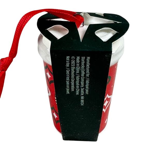Starbucks 2023 Ceramic Holiday Ornament Red Cup Retro Green & White Pattern - Picture 5 of 5